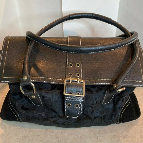 COACH LARGE SIGNATURE SATCHEL F045-5774 BLACK CANVAS W/ LEATHER TRIM - Picture 7 of 7